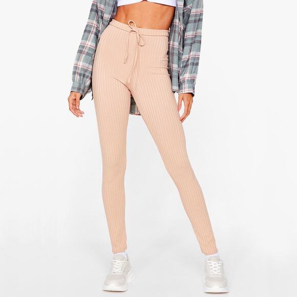 Nasty Gal High Rise Nude Tan Beige Ribbed Knit Jogger Pants Leggings 4 Small - Picture 1 of 7